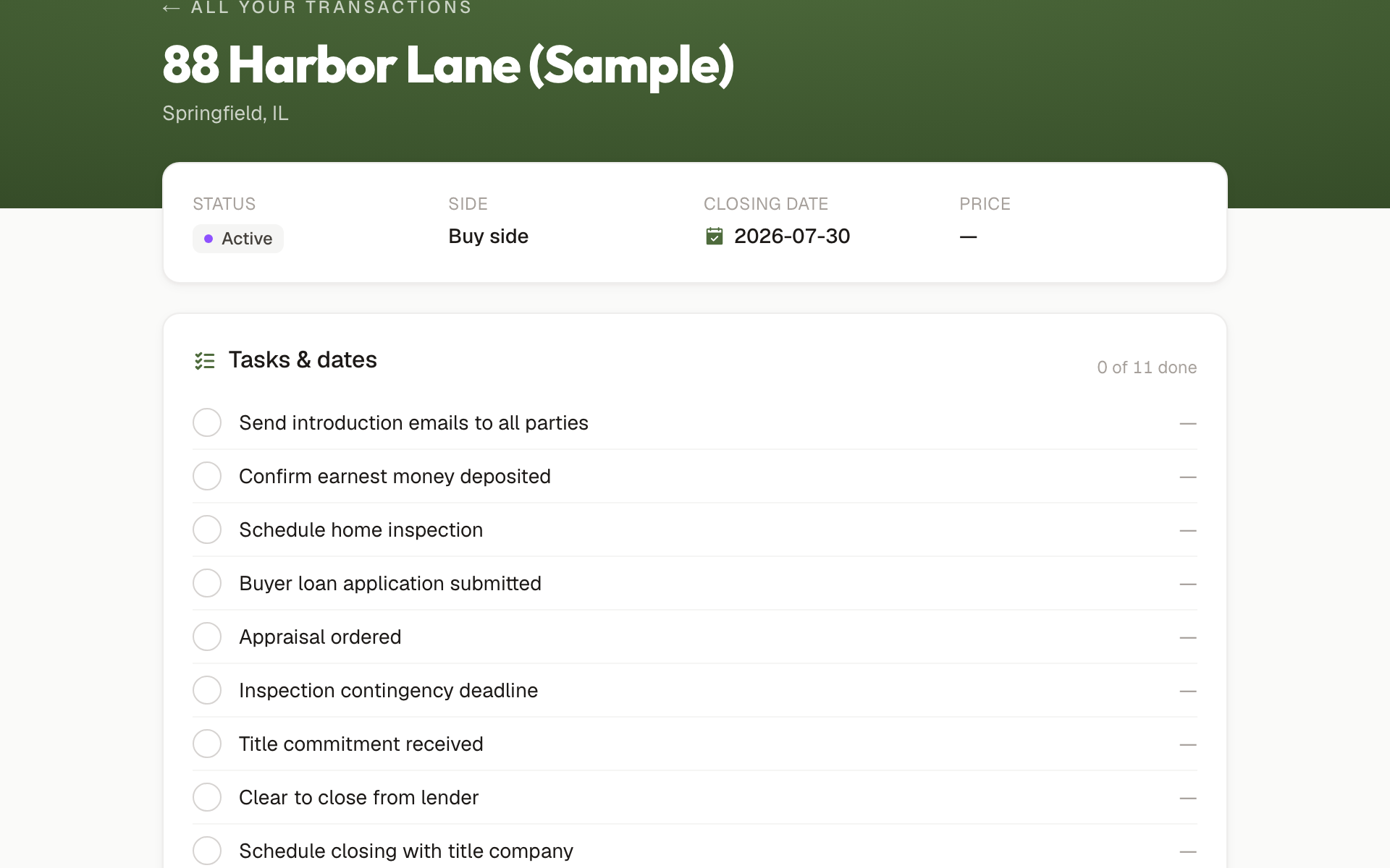 The portal an agent sees: the property, its status, and the task checklist