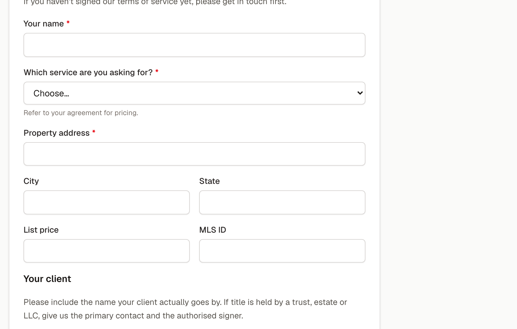 A new listing intake form with address, price, and client questions