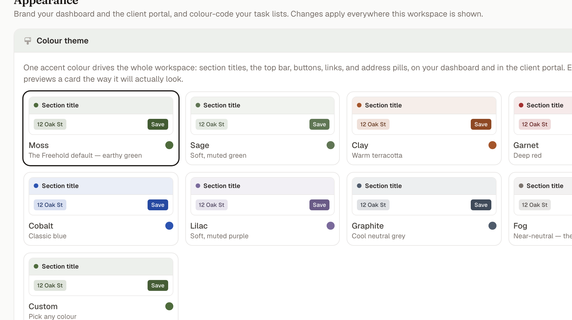 The appearance settings with eight colour themes to pick from